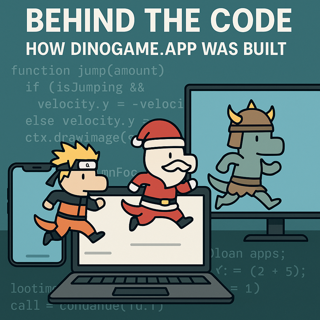 Behind the Code DinoGame.app – illustration showing layers of code, character skins, and device compatibility