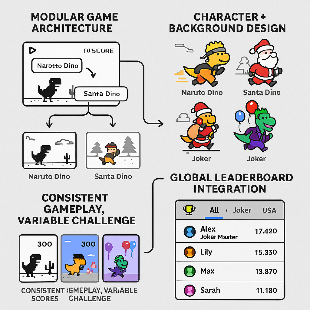 Designing Dino Multiverse – UI wireframes, dino skins (Naruto, Santa, Joker), level backgrounds, and global leaderboard flow