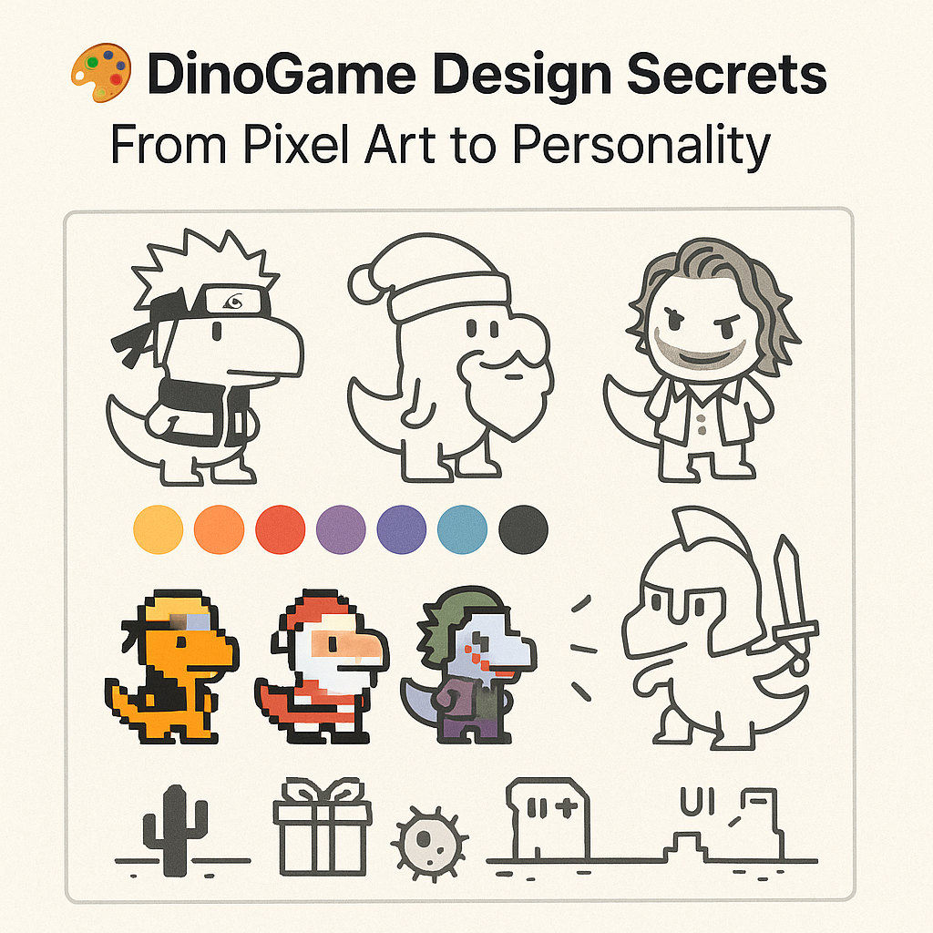 Dino Character Design Sheet – sketches of Naruto, Santa, Joker dino skins, color palette samples, UI elements like obstacles and backgrounds