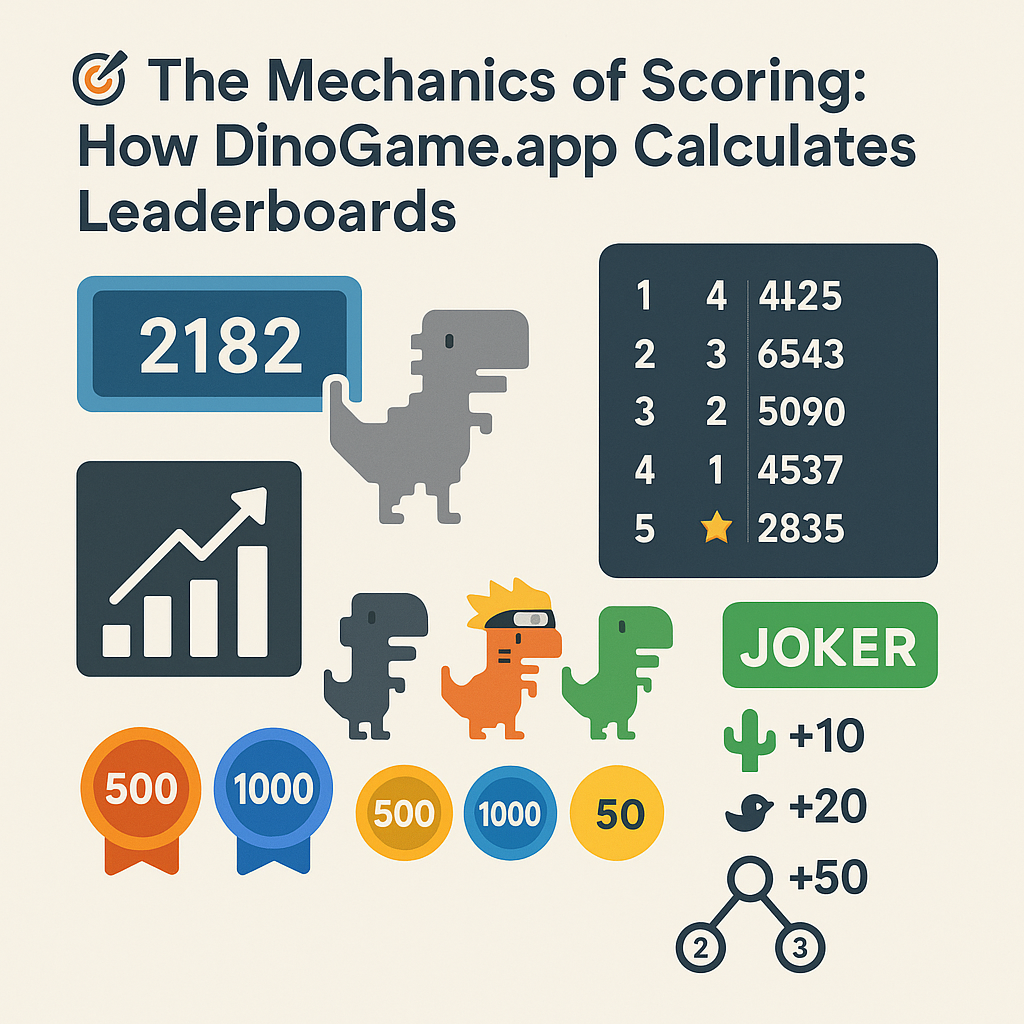 Leaderboard Scoring System – illustration showing score points, leaderboard charts, dino icons, version badges, and ranking logic