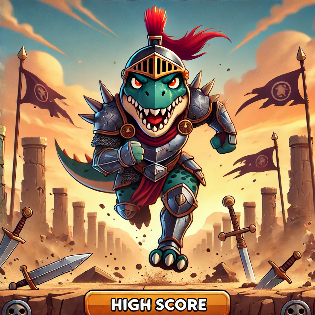 Warrior Dino Game – dinosaur in armor running through ancient battlefield with fire, ruins, and dust